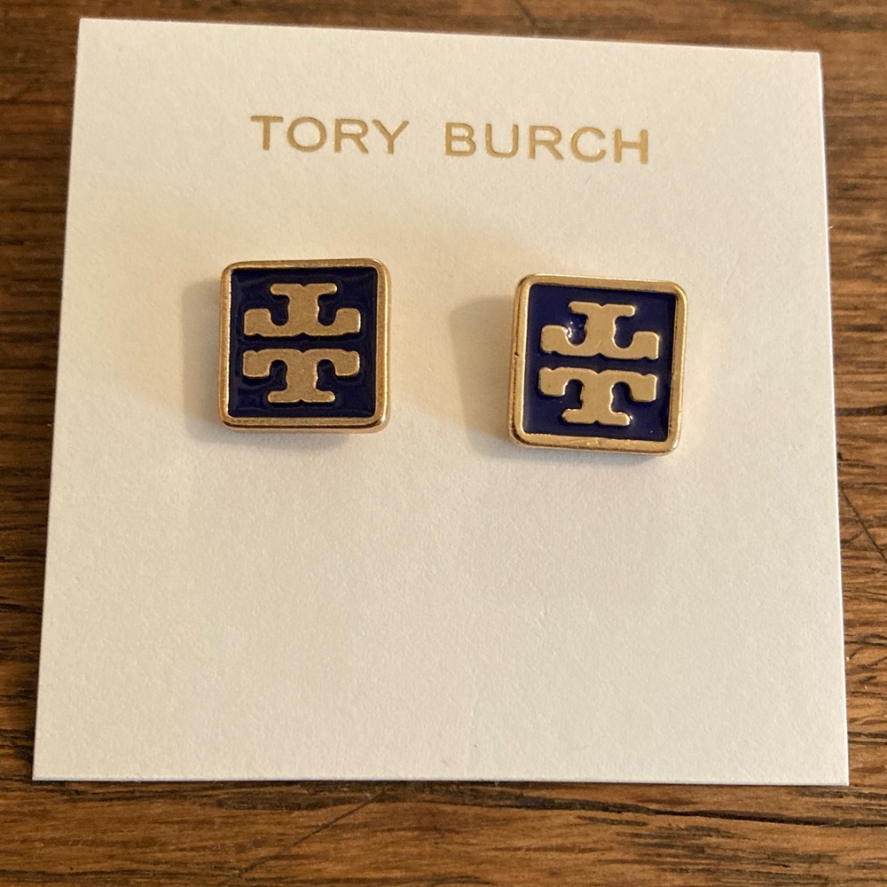 Tory Burch Logo Blue Enamel/Gold Tone Stud Earrings NWT